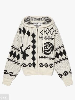 Open YY Rose & Deer Jacquard Knit Jacket - Ivory